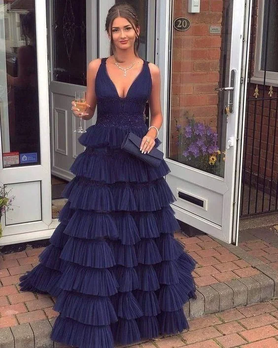 tiered dressDark Navy Prom Dresses,A-line Tiered Tulle Formal Prom Dress Y1916