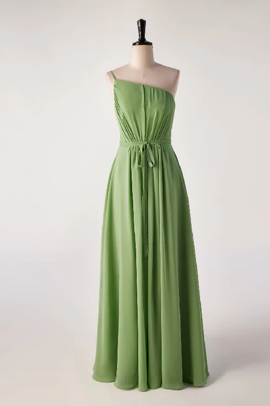 Members Only vintage dressOne Shoulder Matcha Green Long Bridesmaid Dress with Sash