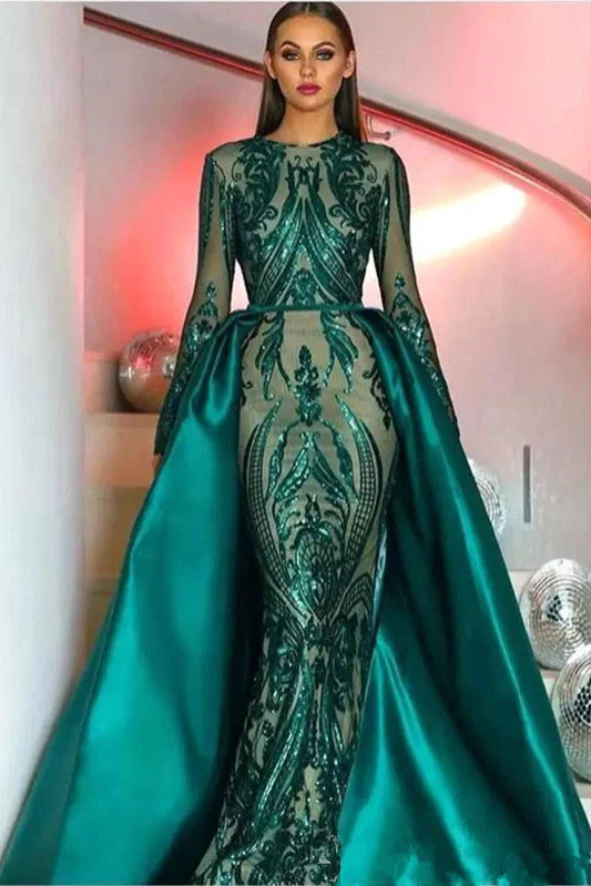 Deal Frenzy Chic Green Long Sleeve Sequins Evening Dress Overskirt