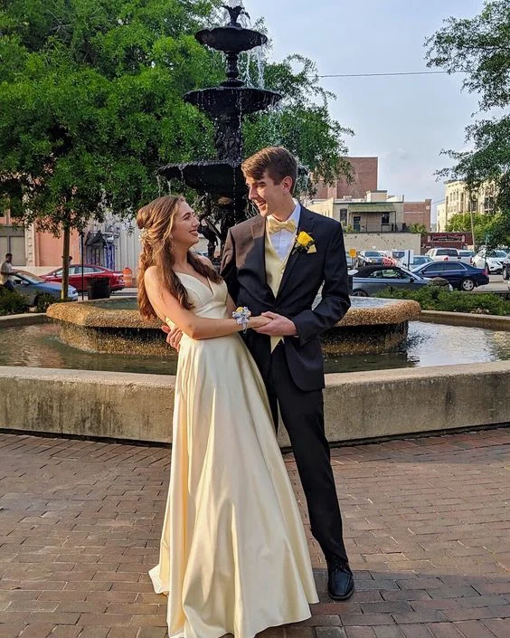 Low Prices cocktail party dressClassic A-line V Neck Yellow Satin Prom Dress,Graduation Dress Y1119