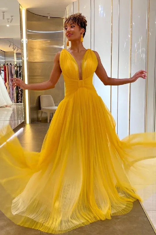Factory Direct Sale wrap-around dressPlunging Neck Yellow Tulle Prom Dress Y861