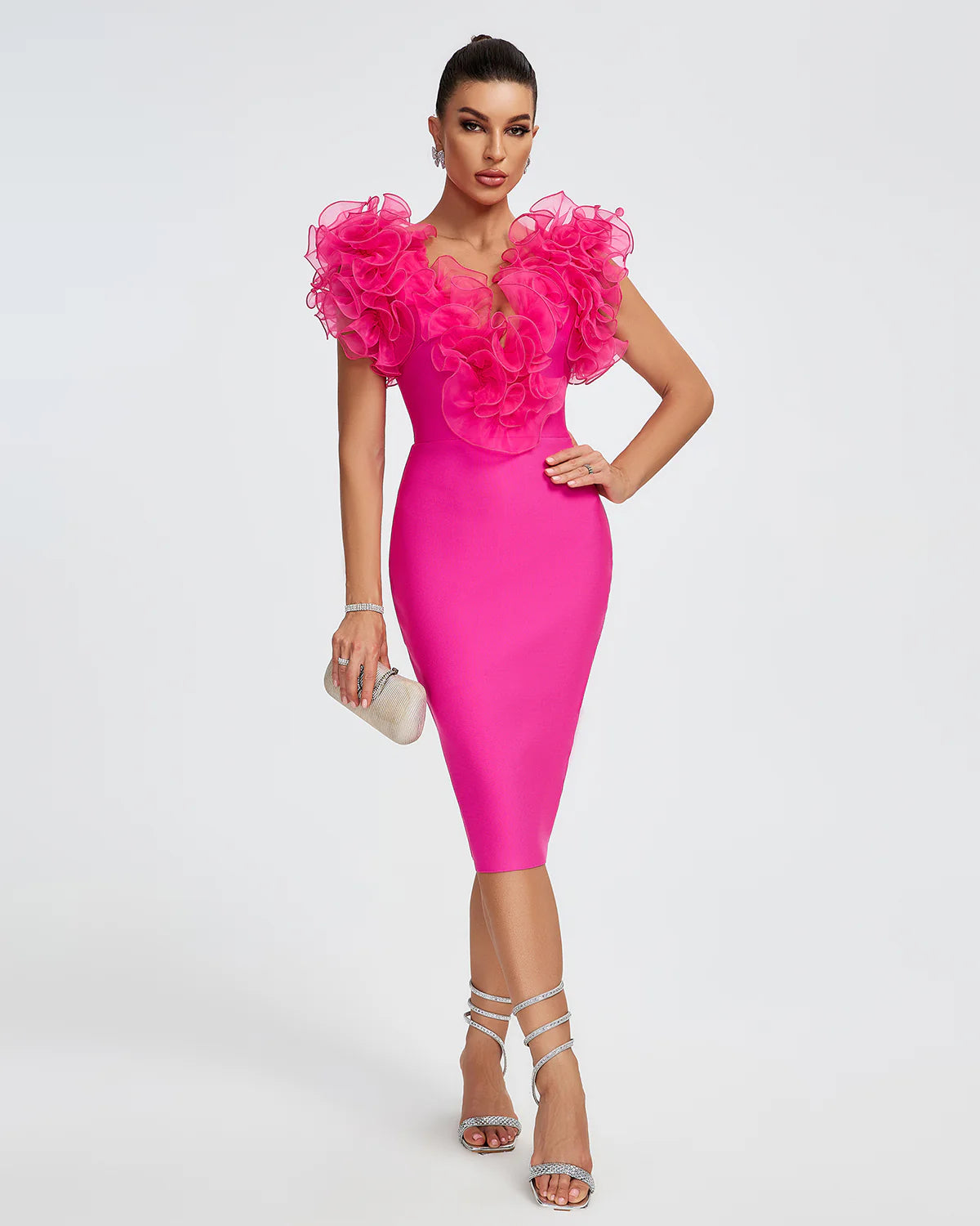 Blowout Sale fitted cocktail dressPink V-Neck Ruffle Trim Midi Bandage Dress