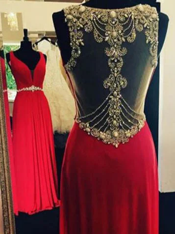 Don't Wait Red Prom Dresses V-neck Rhinestone Floor-length Sexy Prom Dress/Evening Dress JKL129