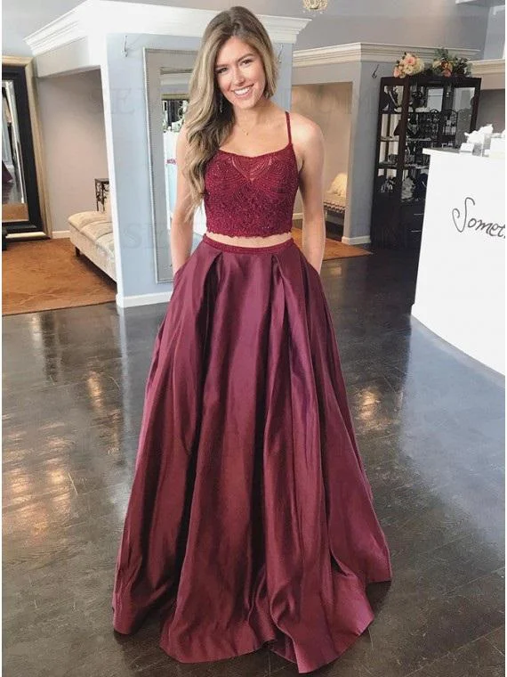 Hurry In A-Line Burgundy Satin Lace Top Spaghetti Straps Two Piece Prom Dress JKZ8611