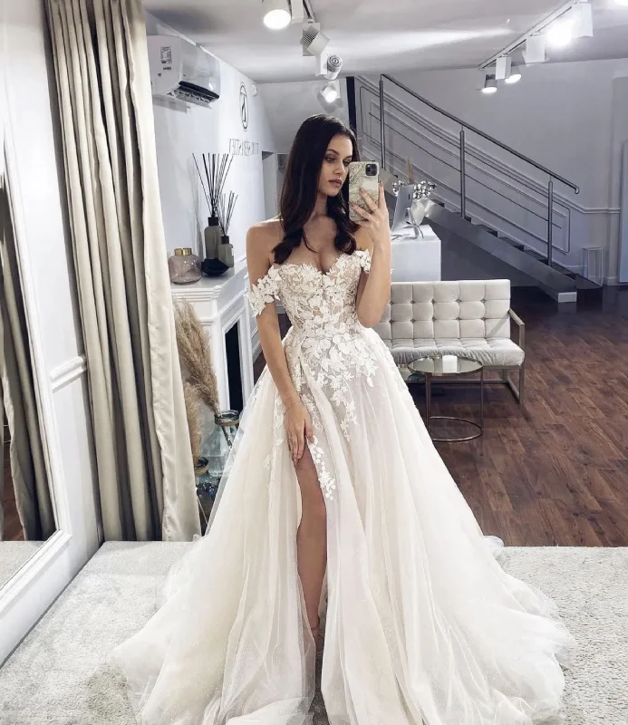 Act Now backless dressOff The Shoulder White Tulle Lace Wedding Dress Y754