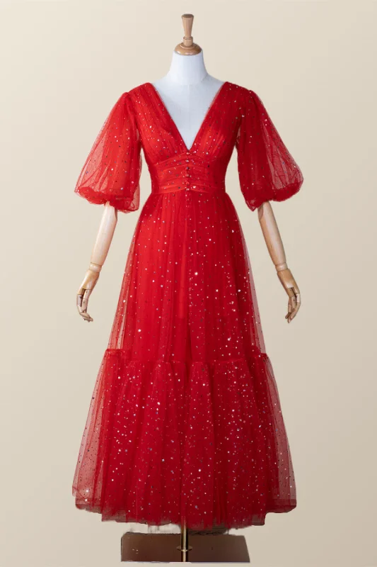 Act Fast lace-up dressRed Puffy Sleeves Glitters Tea Length Dress