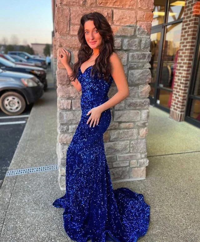 Discount Deals casual summer dressPopular Royal Blue Mermaid Sequins Prom Dress with Train Y1337