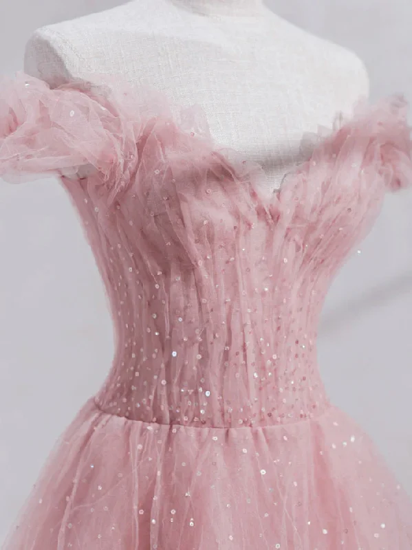 Deal Frenzy denim dressPink Off Shoulder Tulle Tea Length Prom Dress, Tulle Formal Dress Y1281