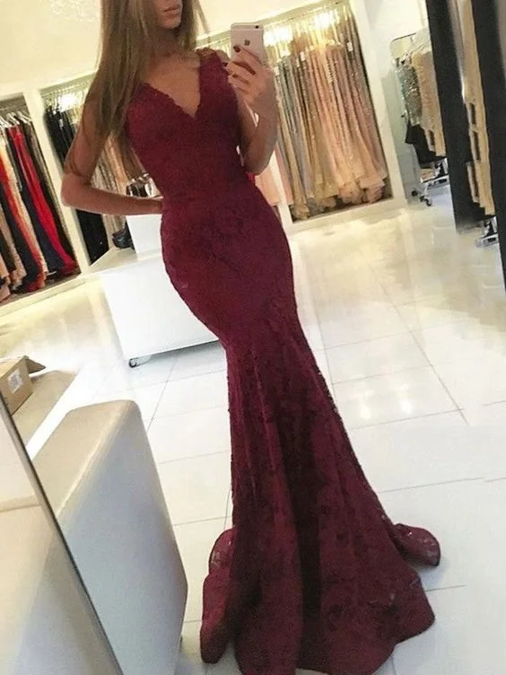 form-fitting dressSexy Mermaid Burgundy V Neck Lace Sleeveless Long Prom Dress Y1548