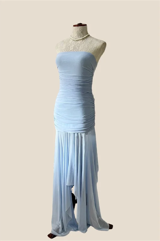 Take Advantage midi dressStrapless Blue Irregular Hem Ruched Long Dress