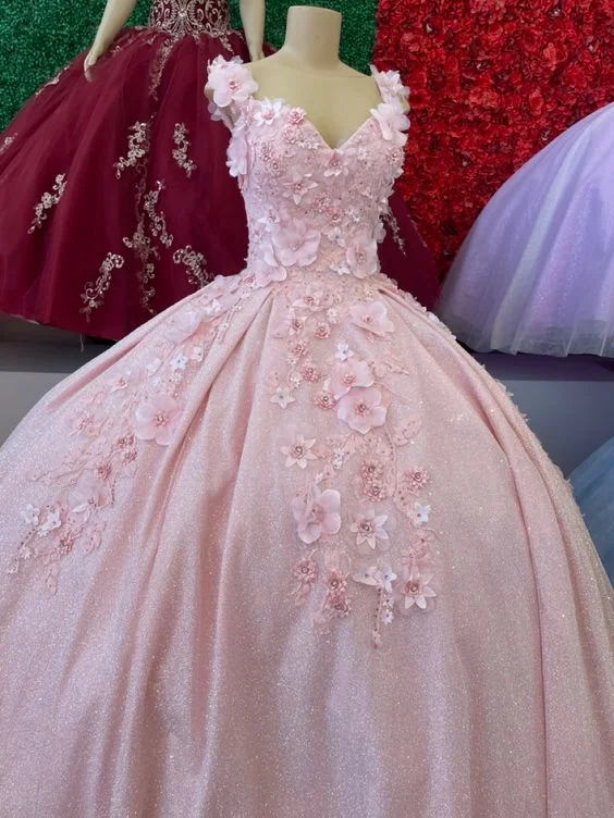 Price Cut layered dressStunning A Line Pink Princess Dress With 3D Flowers,Pink Prom Dress Y1113