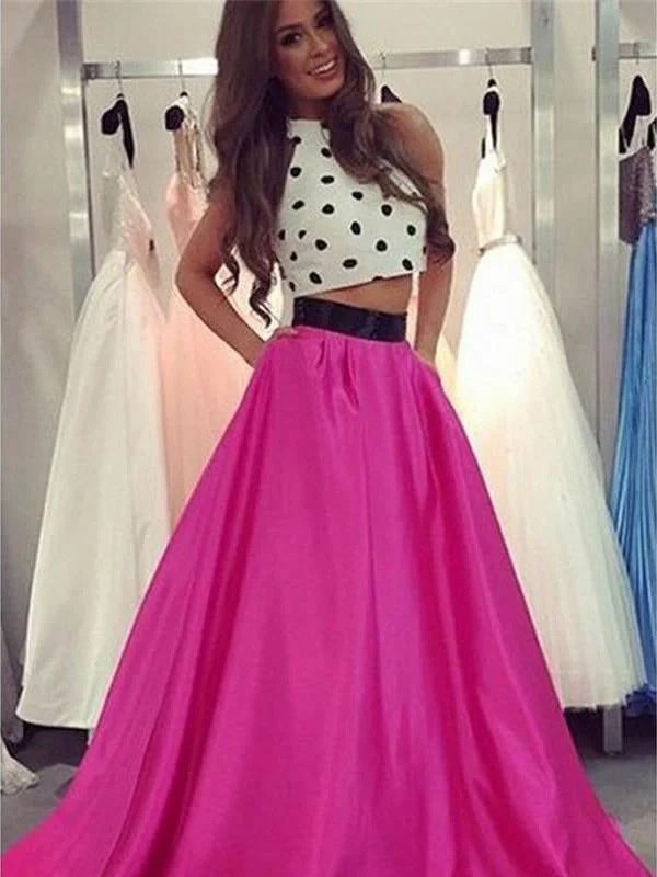 Deal Dash Two Piece Prom Dresses Halter Long Chic Fuchsia White Satin Prom Dress JKL768