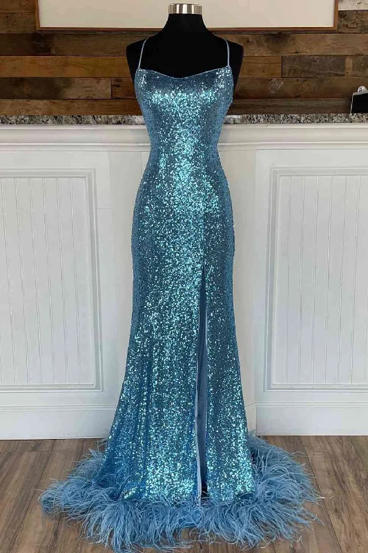 Loyalty Reward off-the-shoulder dressLong Sequined Blue Straps Prom Dress with Feather Hem Y340