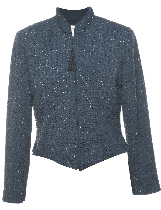 Final Sale casual coatNavy Sparkly Diamanté Detail Zip-Front Evening Jacket - M