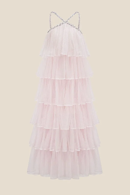 Huge Savings casual summer dressLight Pink Tiered A-line Long Dress with Diamonds