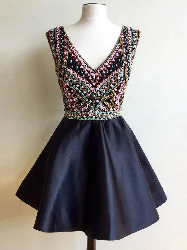 Stock Clearance Chic Homecoming Dress V-neck A-line Rhinestone Short Prom Dress Tulle Party Dress JK529