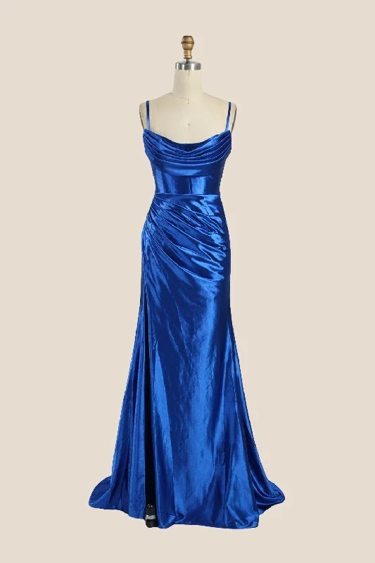 Price Cut bohemian dressCowl Neck Royal Blue Ruched Satin Long Dress