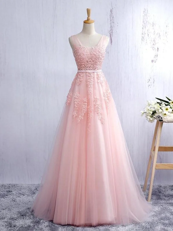 Today’s Special Sexy Prom Dresses Straps A-line Short Train Pearl Pink Tulle Prom Dress/Evening Dress JKL453