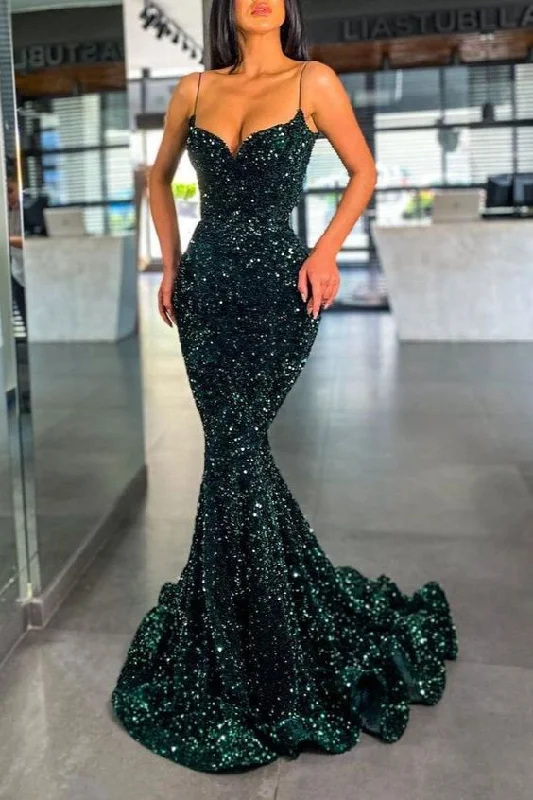 floral midi dressDark Green Sequins Prom Dress Mermaid Long With Spaghetti-Straps Y1823