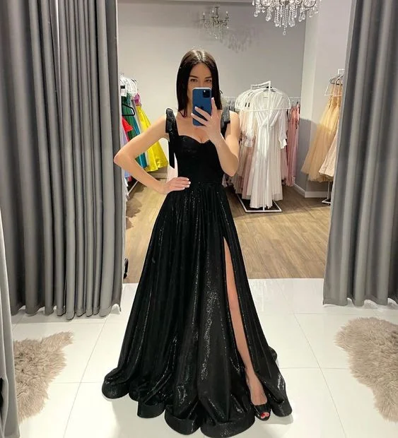 Price Drop sophisticated dressA-Line Black Long Prom Dress With Side Slit Y192