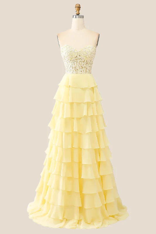 Low Prices ashionable dressSweetheart Yellow Appliques Tiered Ruffles Dress