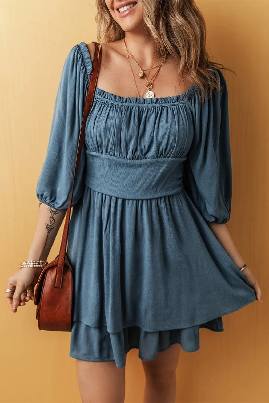 Price Slash Real Teal Frilled Neckline 3/4 Sleeve Layered Ruched Mini Dress
