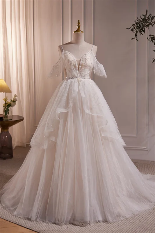 Discount Deals vintage dressStraps White Tulle Tiered Tulle Formal Gown