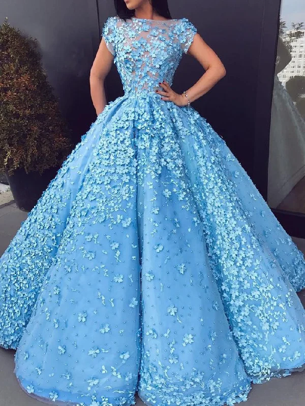 Factory Direct Sale Beautiful Prom Dresses Blue Floral Lace Bateau Long Ball Gown Prom Dress JKL1111