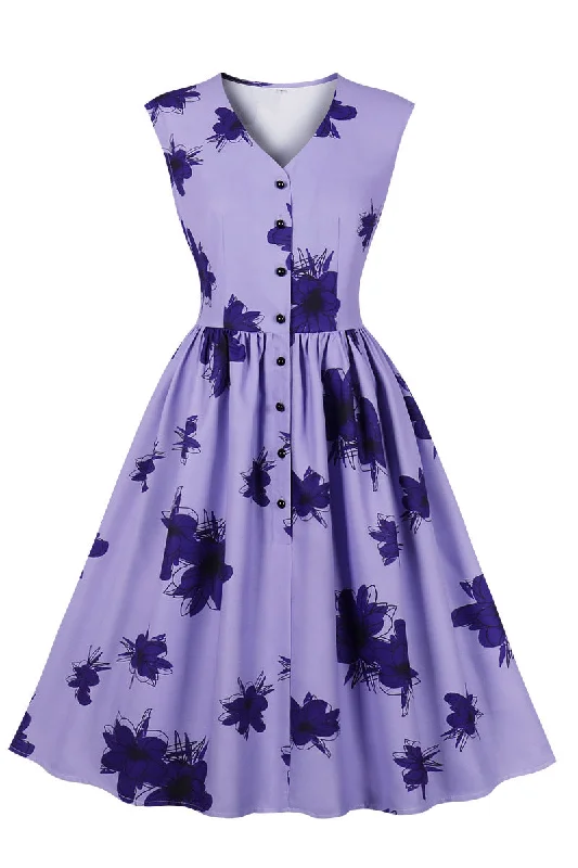 Can't Be Beat satin midi dressSleeveless Purple Floral Swing Dress with Buttons