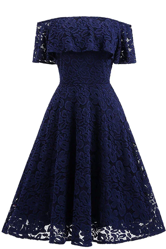 Customer Appreciation Sale floral midi dressDark Navy Lace A-line Homecoming Dress Y1160