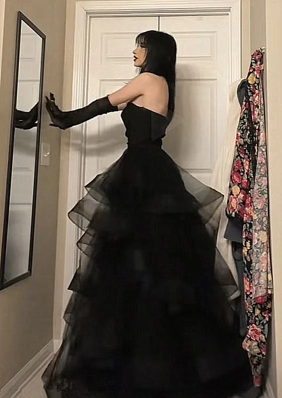 Price Buster long-sleeve floral dressBlack Layered Tulle Ruffle Prom Dresses for Women Y1135