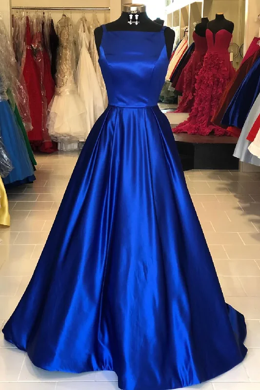 Quick Sale stylish dressHollow Out Royal Blue Satin Long Prom Dress Y1195
