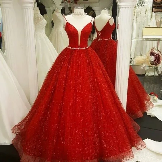Buy Now one-shoulder dressGenerous Spaghetti Straps Red A-line Prom Dresses,Formal Dress Y1261