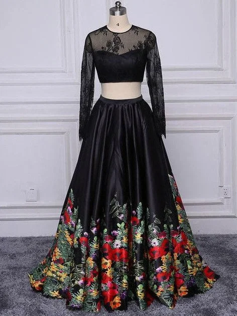 Super Sale Two Piece Prom Dresses Short Train Long Black Floral Print Prom Dress Sexy Evening Dress JKS315