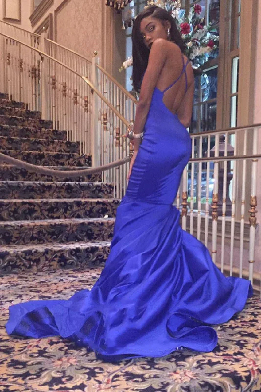 Deal Mania structured dressCharming Satin Mermaid Royal Blue V Neck Backless Criss Cross Prom Dresses Y1267