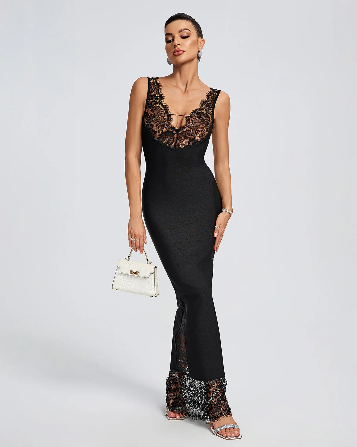 Price Drop Alert long-sleeve floral dressBlack Lace V-Neck Bandage Maxi Dress