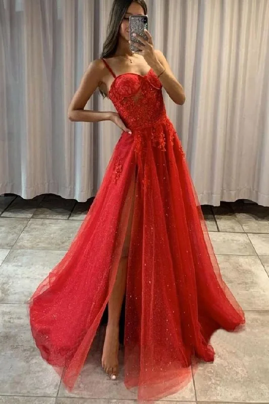 Must-Have Deals A-line Tulle Red Long Prom Formal Dresses with Appliques GJS371