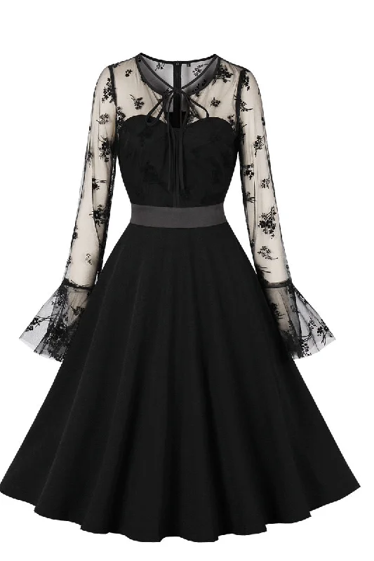 Factory Direct Sale casual day dressMesh Long Sleeves Black Swing Dress