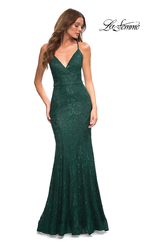 statement dressStretch-Lace La Femme Long Prom Dress with Train