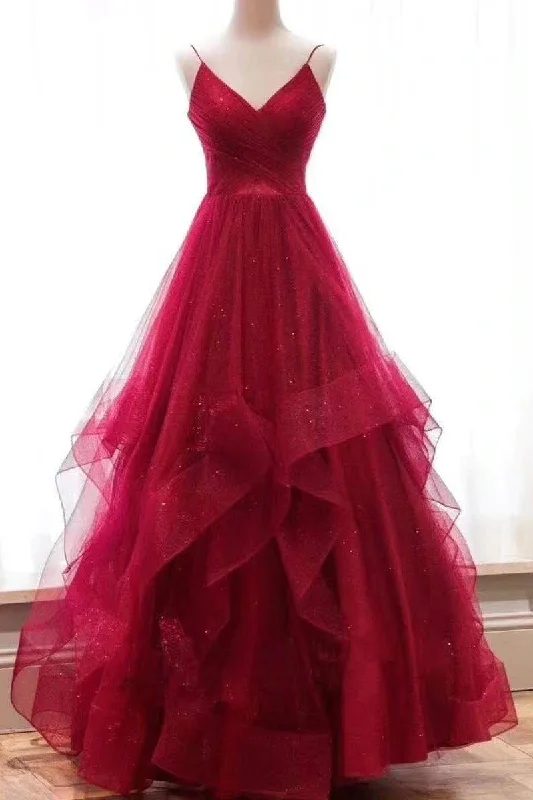 Blowout Sale A Line Red Sweetheart Tulle Layered Long Prom Dresses GJS635