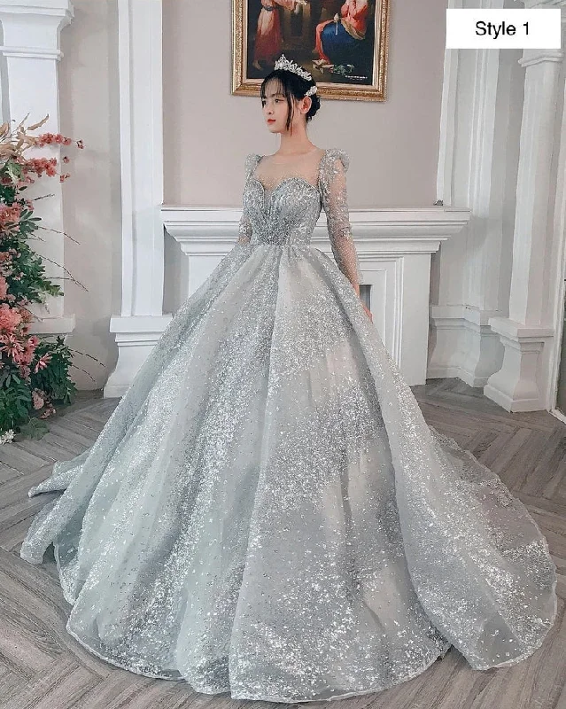 Instant Savings puff sleeve dressModern Sparkly Silver Long Sleeves Wedding Dress With Glitter Tulle Y1158