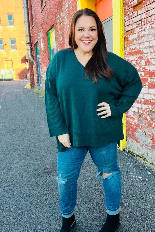 Weekend Deal windproof jacketCasual Chic Hunter Green Oversized V Neck Rib Knit Sweater (Open Pack)