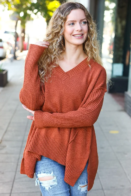 Incredible Offers classic jacketCasual Chic Rust Oversized V Neck Rib Knit Sweater (Open Pack)