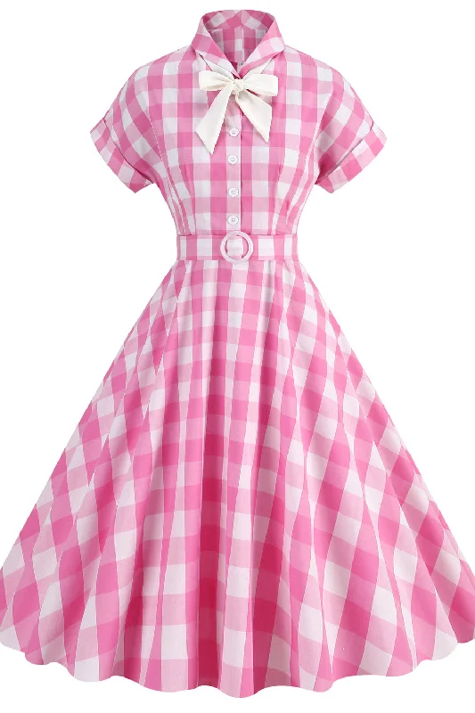 Amazing Deals pleated maxi dressNotched Collar Pink Plaid Gingham Swing Dress