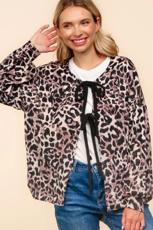 street style coatRIBBON TIE LEOPARD PRINT HACCI SWEATER KNIT