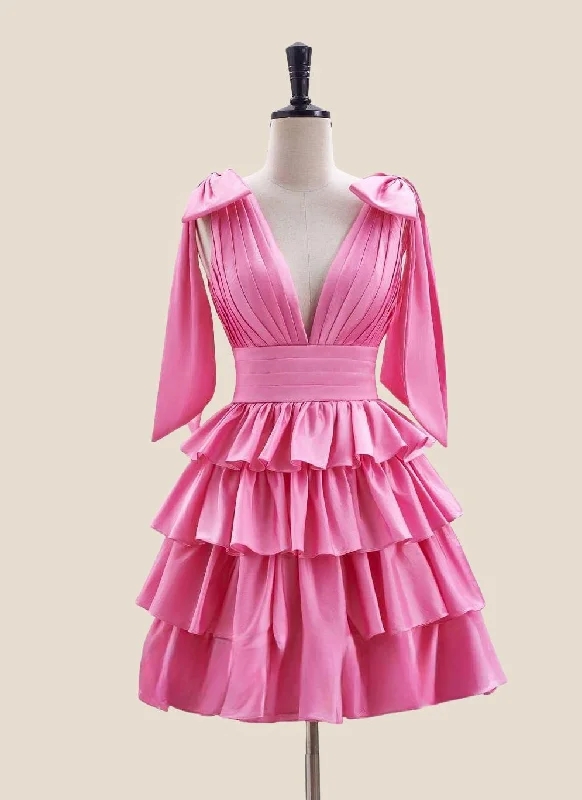 Can't Miss sleeveless dressPlunge Neck Pink Layered Ruched Short Dress