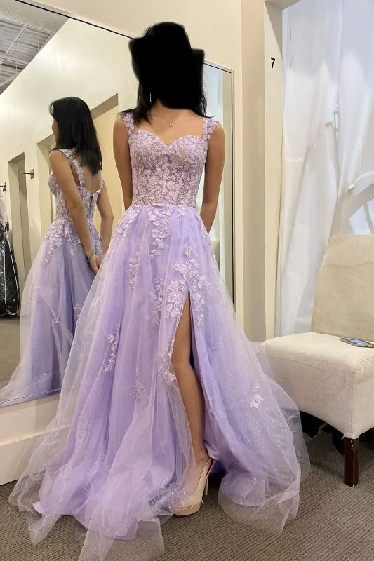 Super Savings Elegant Appliques Lace A-Line Tulle Floor-length Prom Dress With Side Slit GJS607