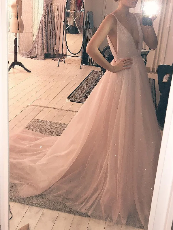 Season Finale Sale Long Prom Dresses V-neck A-line Sweep Train Beautiful Prom Dress JKL886