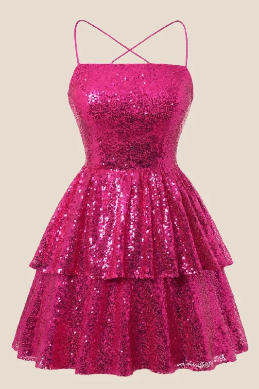 Price Drop textured dressStraps Hot Pink Sequin Ruffle A-line Short Dress