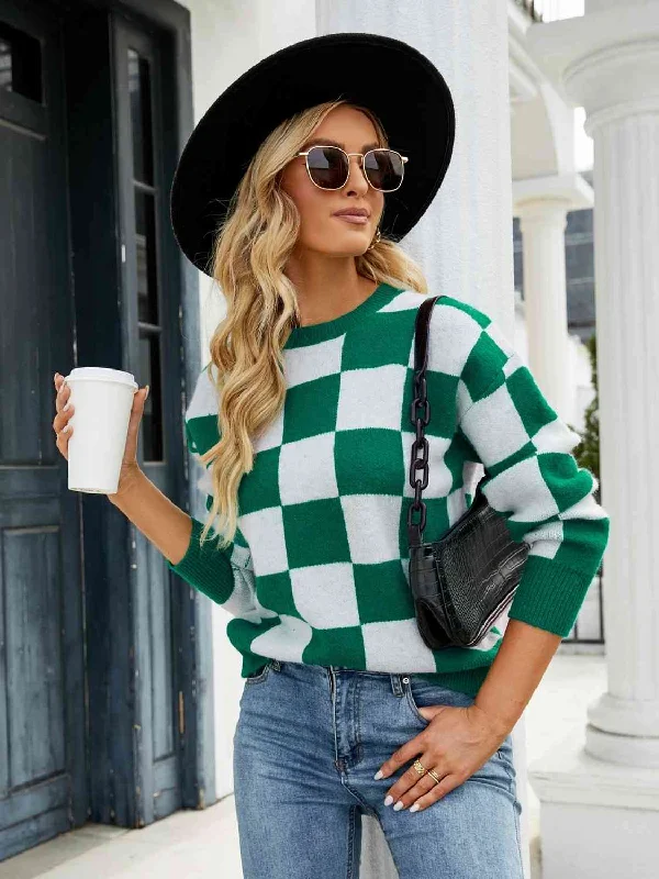 graphic gym sweatshirtGreen Checkered Round Neck Sweater